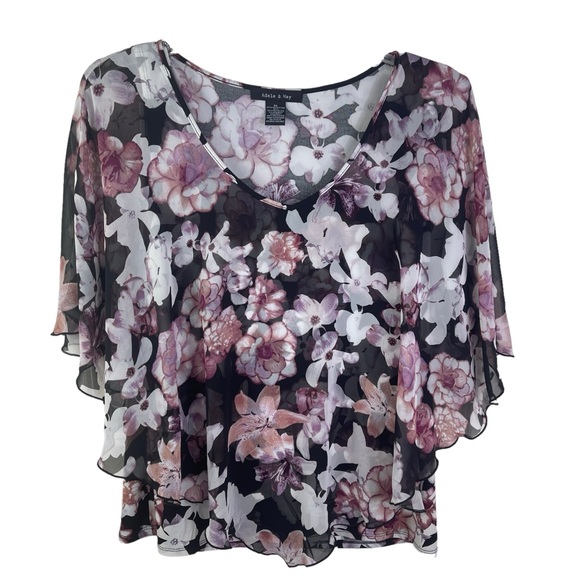 Adele & Mae XL Boho Women's Ruffled Tiered Drapey Flowy Floral V-Neck Blouse - Picture 4 of 12